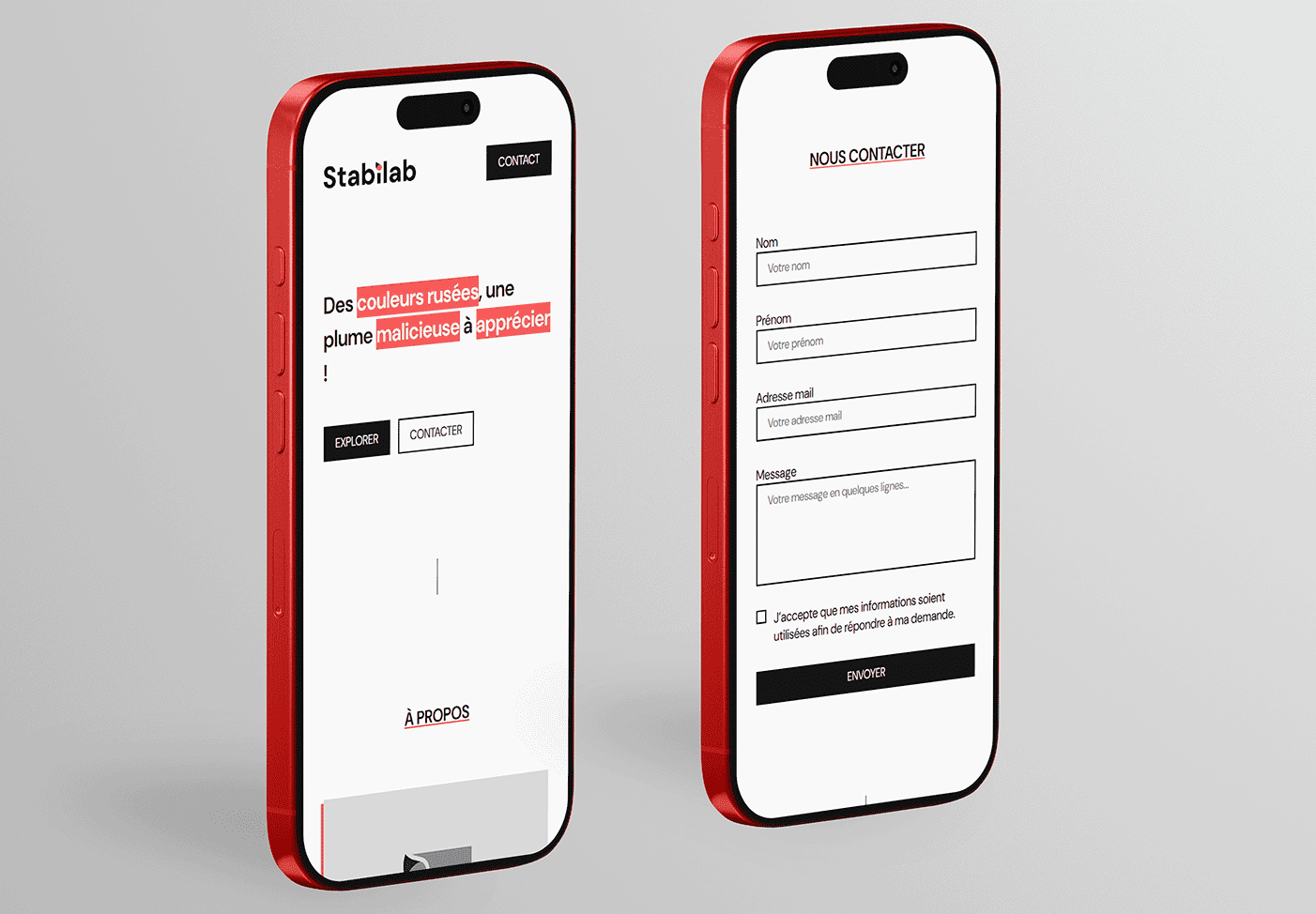 Présentation du site sur 2 Iphone sur fond gris.